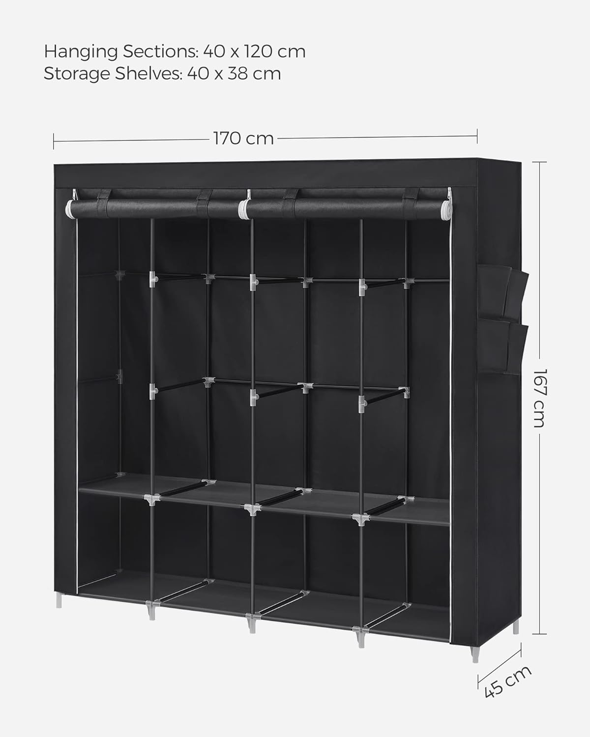 SONGMICS Garderoba din material textil, dulap portabil, cu rafturi si sina de agatat, 170x45x167cm, negru