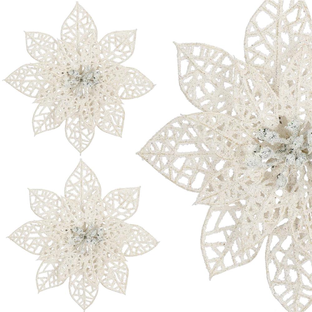 Set 10 ornamente pentru bradul de Craciun, stea Poinsettia, 14cm, alb cu sclipici