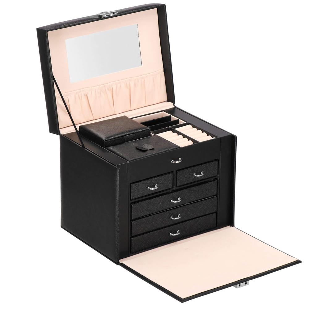 Cutie depozitare si organizare bijuterii, piele ecologica + velur, 26 x 21,5 x 19 cm, negru