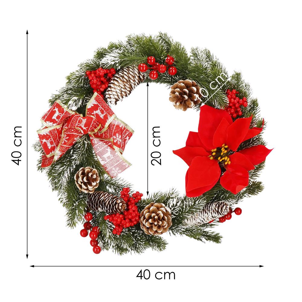 Coronita pentru Craciun, 40 cm, din brad artificial 3D, cu conuri si zapada, verde