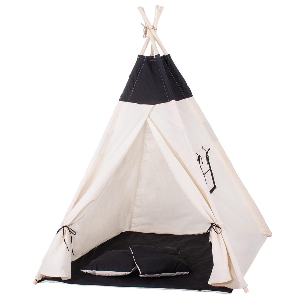 Cort copii Sersimo stil indian Teepee Tent cu fereastra, covoras gros si 2 perne, alb negru