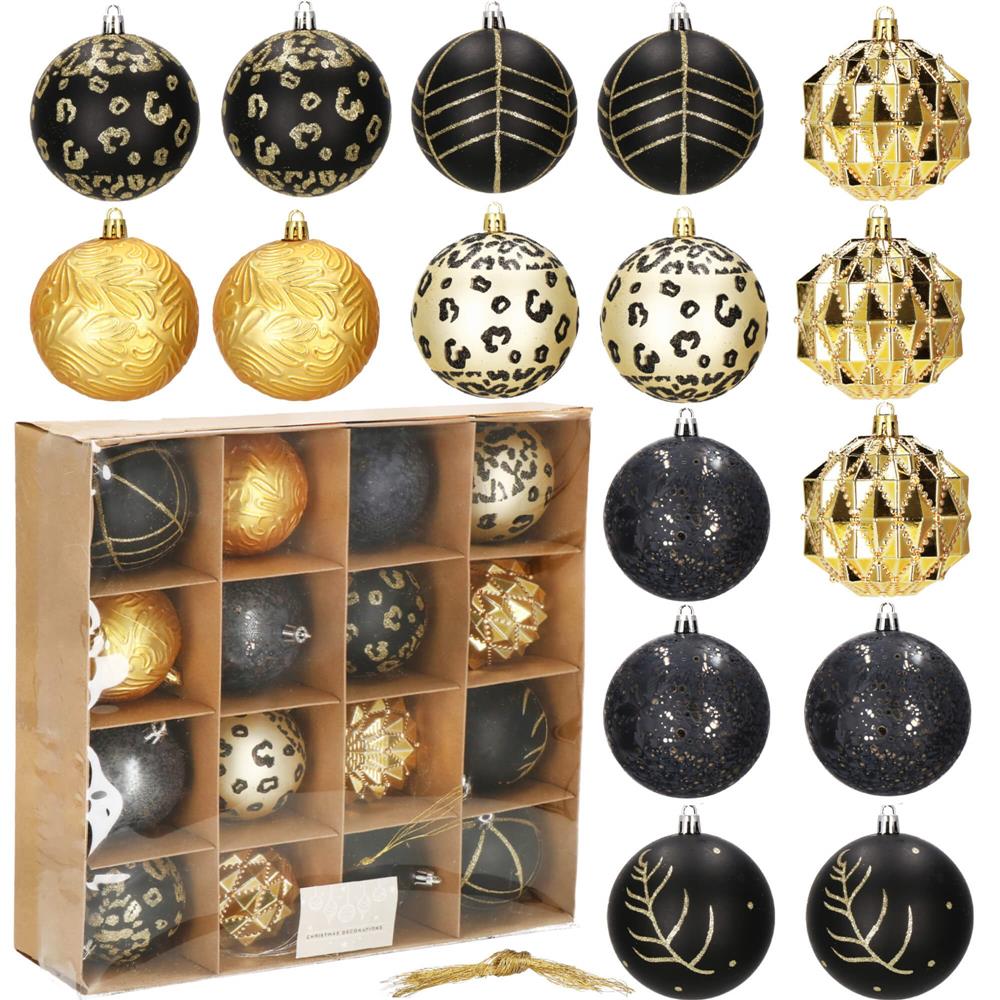 Set globuri de Craciun, 16 bucati, 8cm, 6 modele, negru auriu