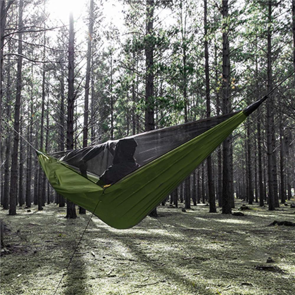 Hamac dublu din material parasuta 140x260cm, cu plasa de tantari si baldachin impermeabil, 200kg, verde