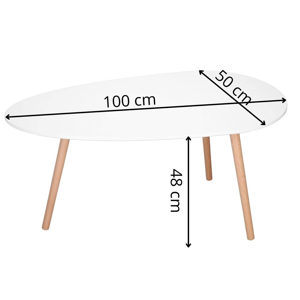 Masa de cafea, ovala, blat 100x50 cm, inaltime 48 cm, Blat MDF, Picioare lemn, Alb