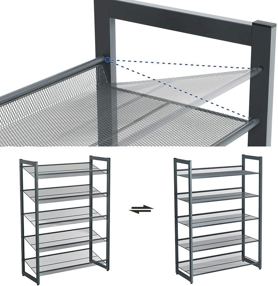 SONGMICS Raft de depozitare pantofi pe 5 niveluri, metal, rafturi plate sau unghiulare reglabile, 31x74x104cm, negru