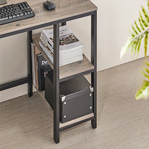 VASAGLE Birou de colt in forma de L, cu 2 rafturi de depozitare, 138x138x75cm, industrial, gri si negru