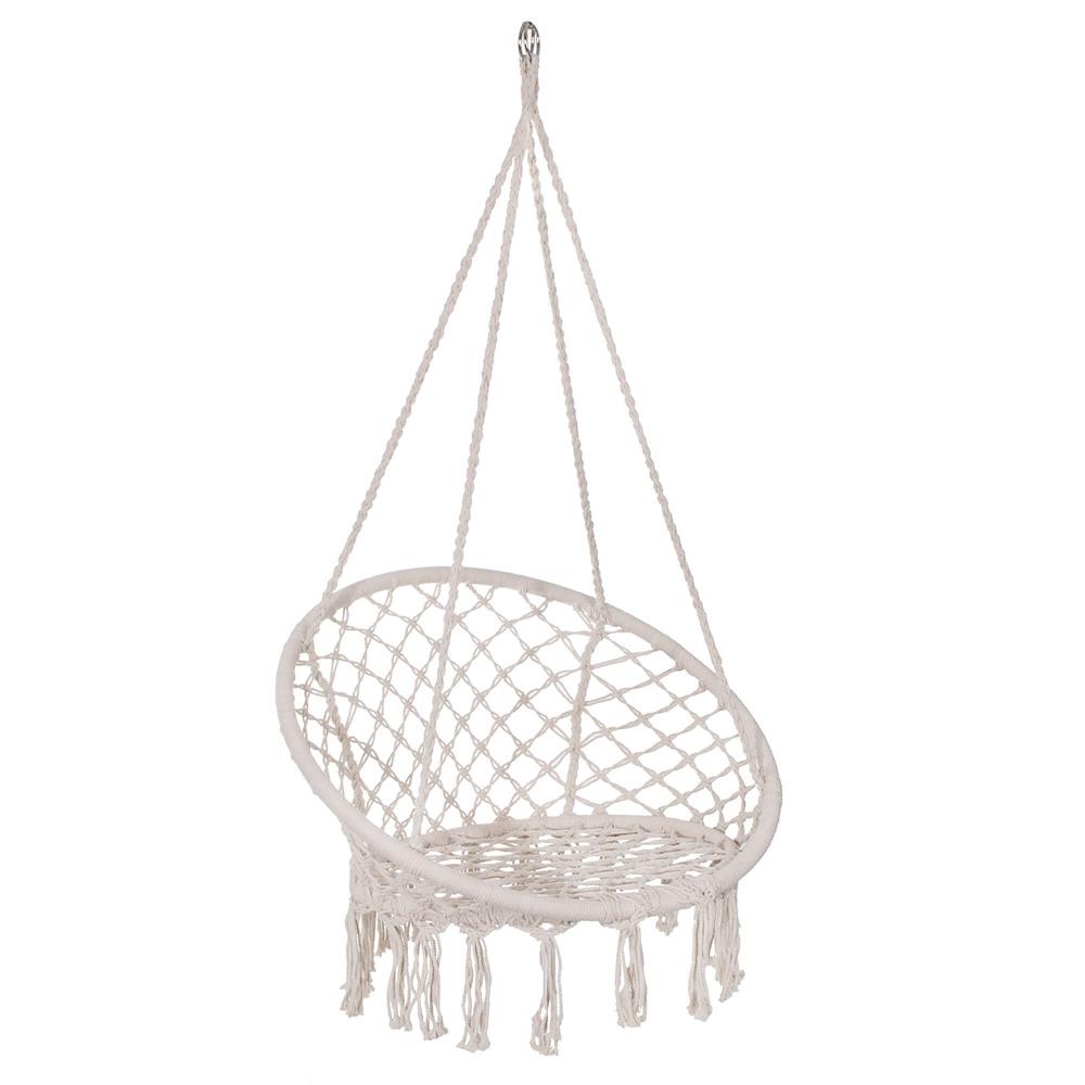 Scaun rotund tip leagan suspendat pentru casa sau gradina, cu franjuri, 150kg, crem