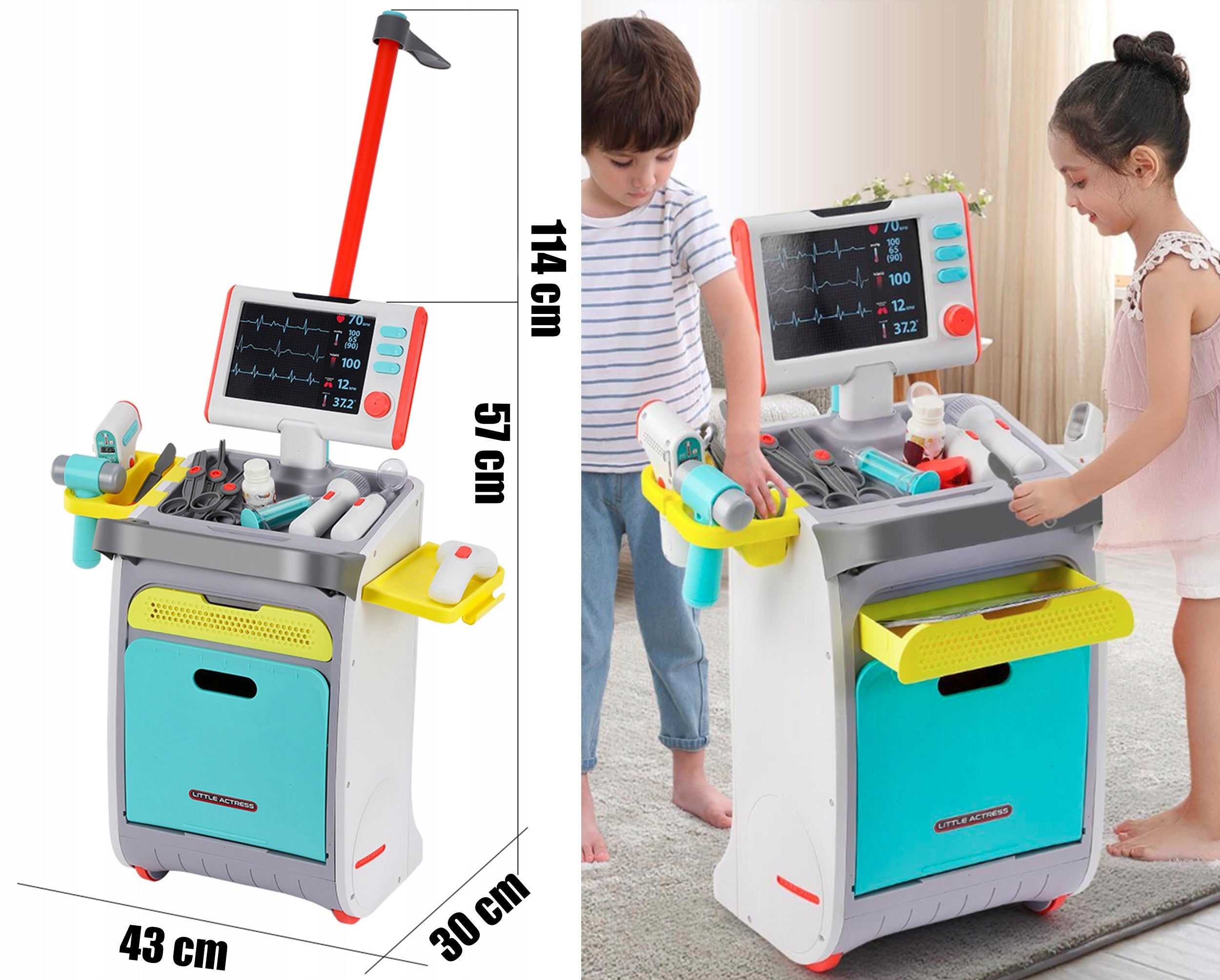 Set de joaca, carucior medical cu aparatura si instrumente, cu sunete si lumini