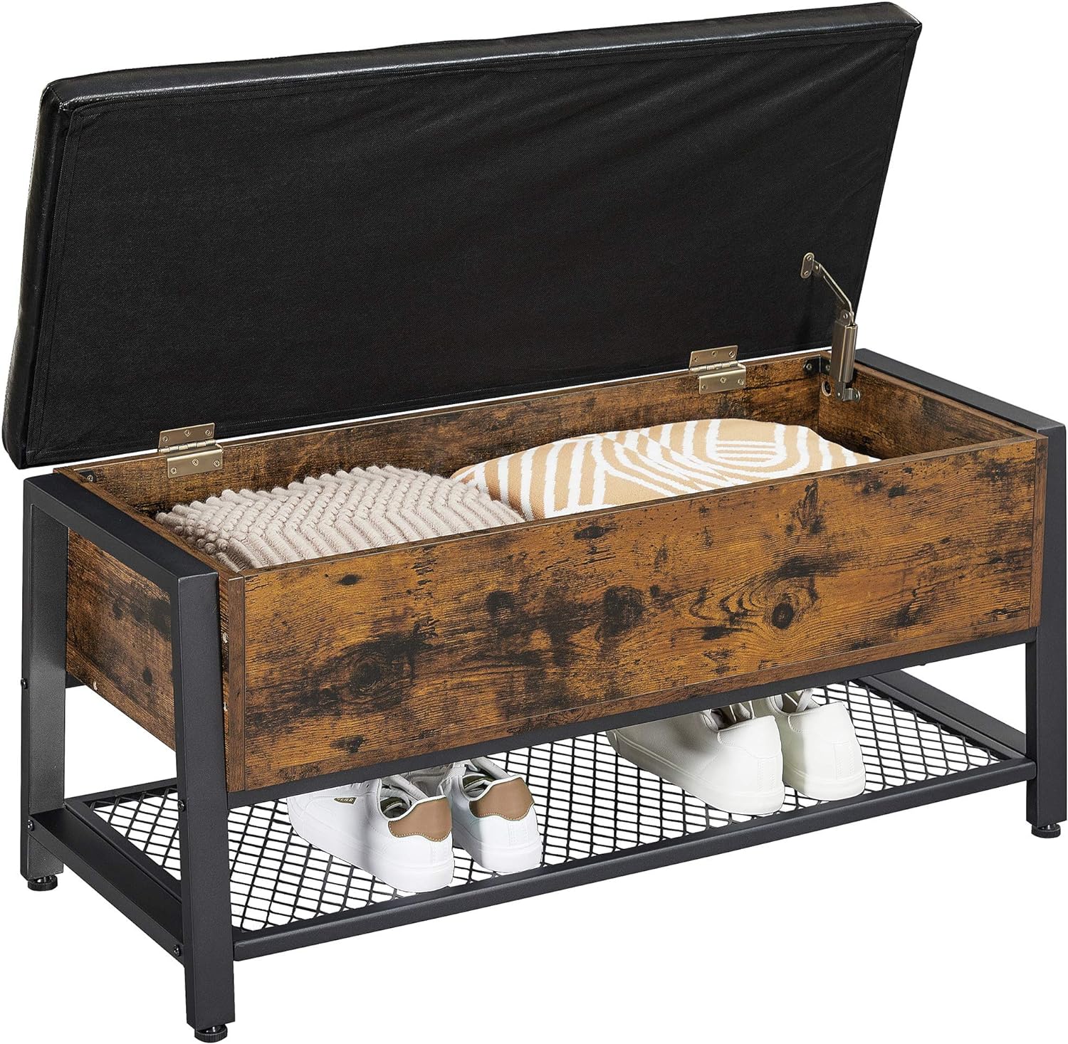 VASAGLE Pantofar de lemn cu spatiu de depozitare tip banca, cu sezut captusit si polita depozitare, stil industrial, 100x40x47cm, maro rustic si negru
