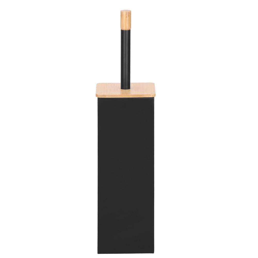 Perie WC cu rezervor detasabil si capac, din metal si bambus, 40 cm, negru