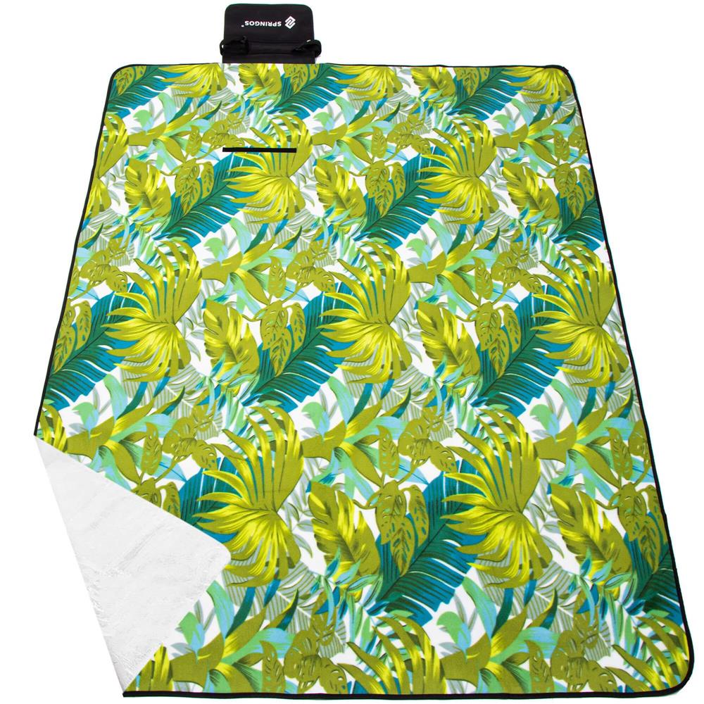 Patura pentru picnic sau plaja, cu folie izolatoare si maner, 150x200cm, model frunze, verde