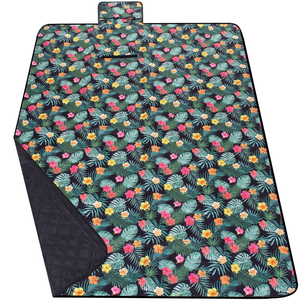Patura pentru picnic sau plaja, cu folie izolatoare si maner, 150x200cm, negru floral