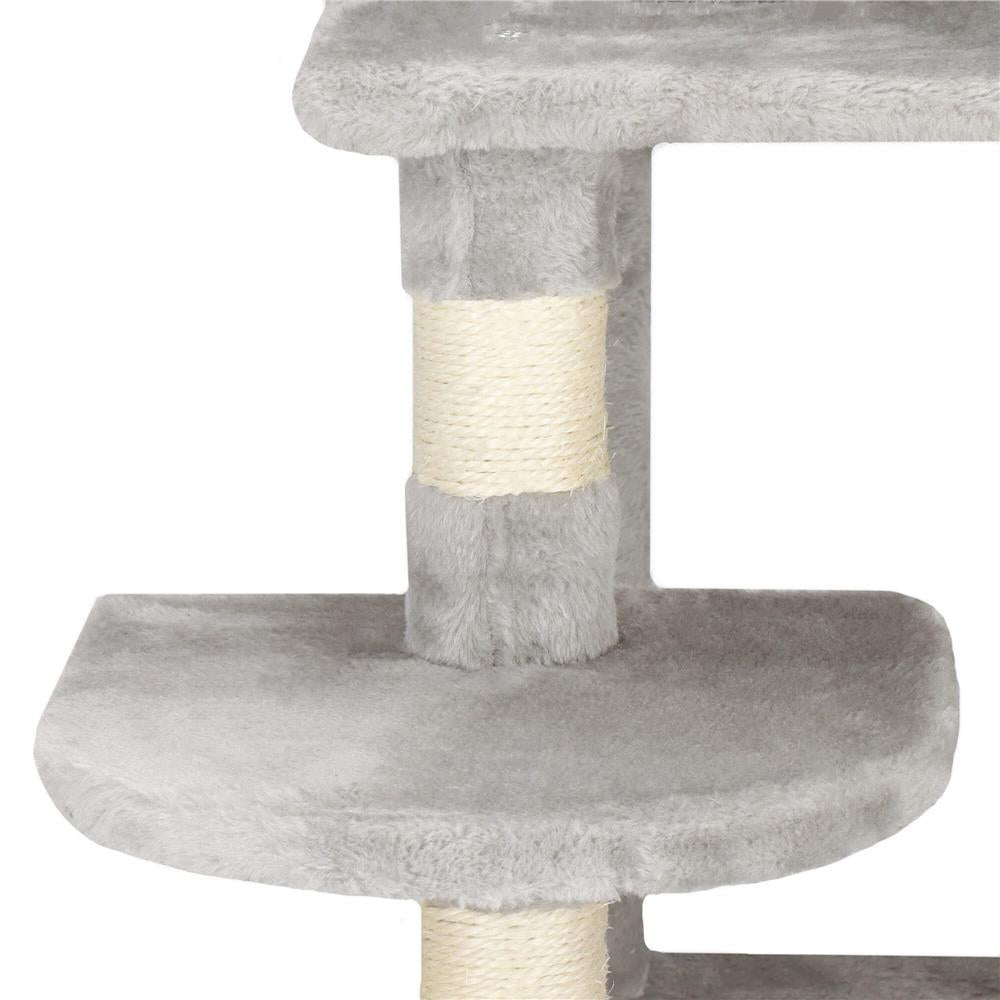 Ansamblu de joaca pentru pisici, cu loc pentru zgariat, ascuns, culcus, minge, sfoara, 145cm, gri