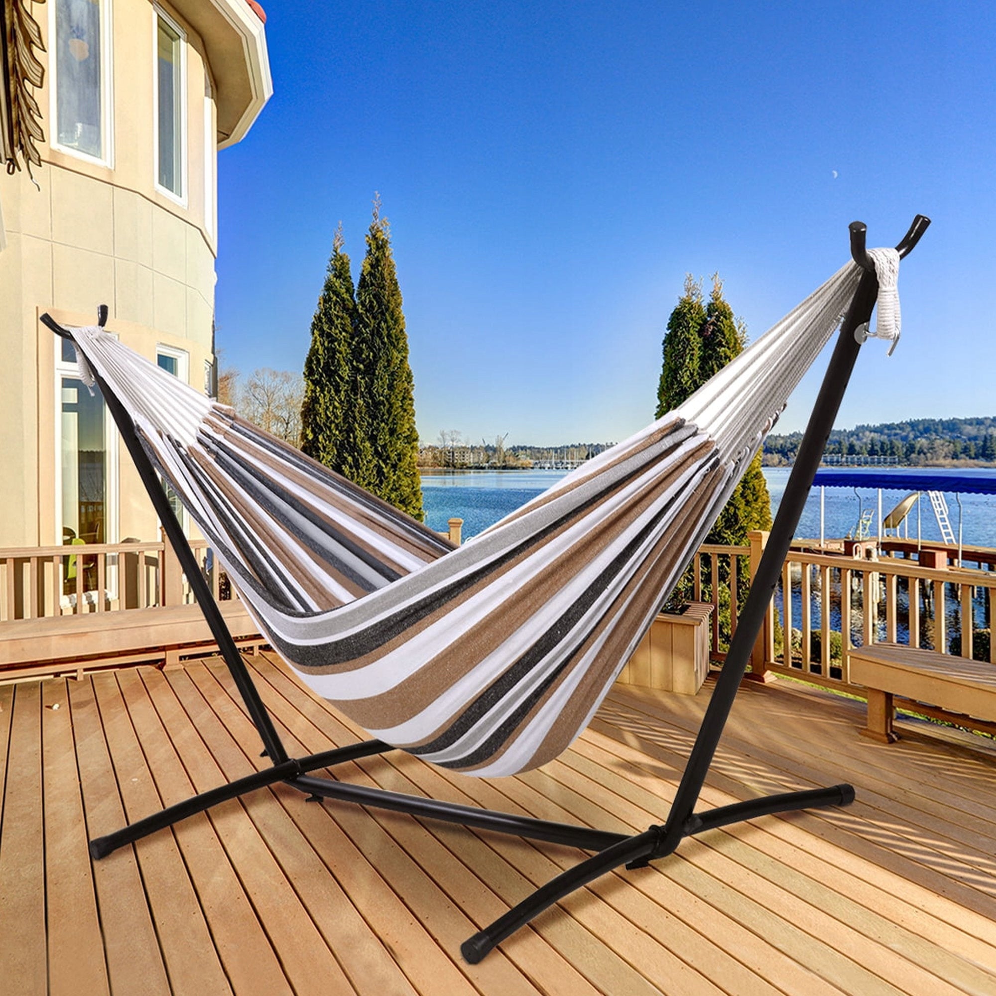 Hamac dublu pentru doua persoane, 200x150cm, 160kg, gri si maro