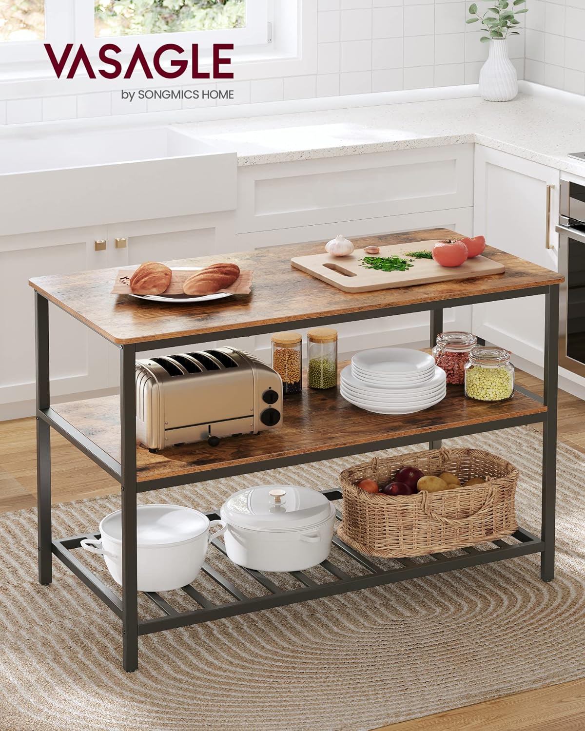 VASAGLE Raft de bucatarie tip insula, cadru de otel cu 3 nivele, stil industrial, 60x120x90cm, maro