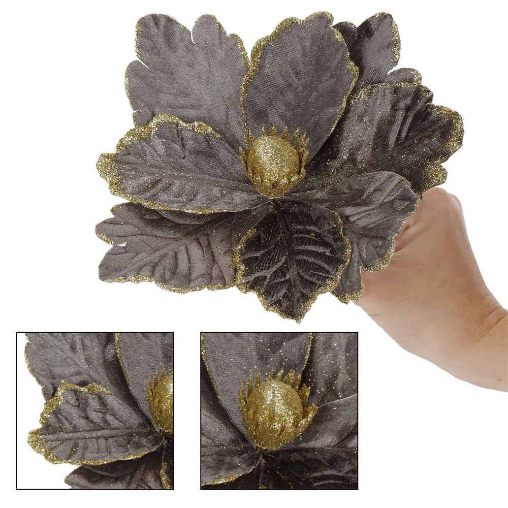 Set 5 ornamente pentru bradul de Craciun, stea Poinsettia, 23cm, gri auriu