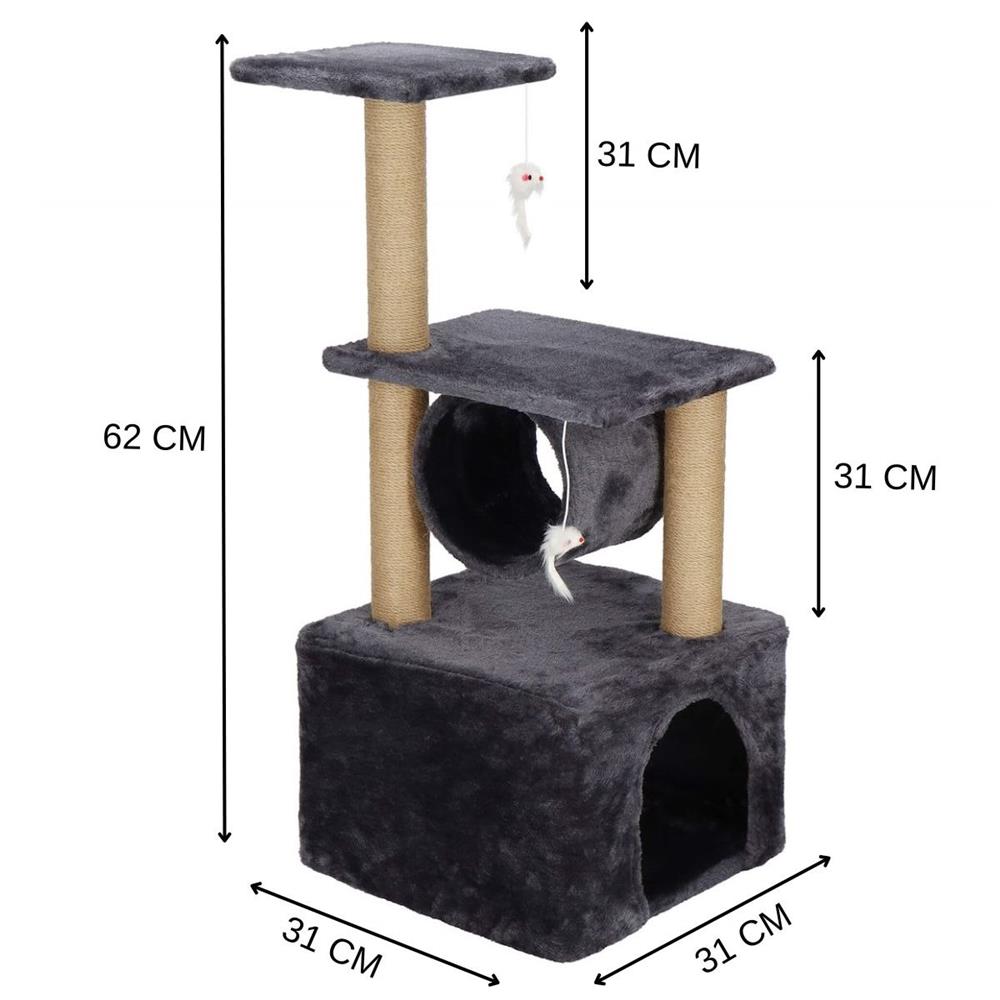 Ansamblu de joaca pentru pisici, cu loc pentru zgariat, ascuns, platforma, 62cm, gri inchis