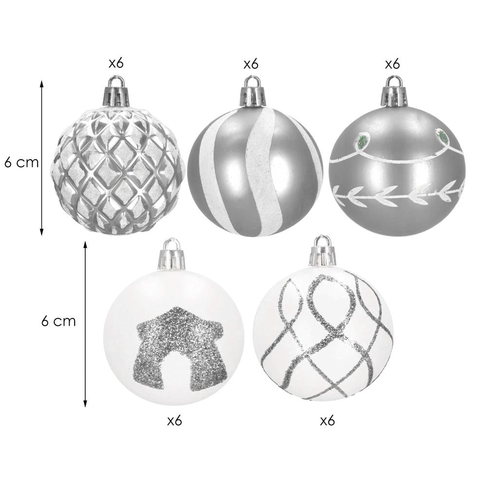 Set globuri de Craciun cu modele de sarbatori, 30 bucati, 6cm, argintiu
