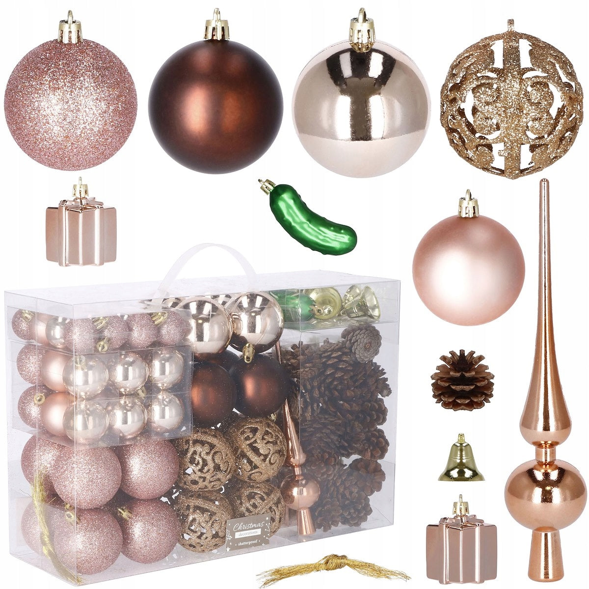 Set globuri si decoratiuni de Craciun, 101 piese, diverse dimensiuni, roz auriu