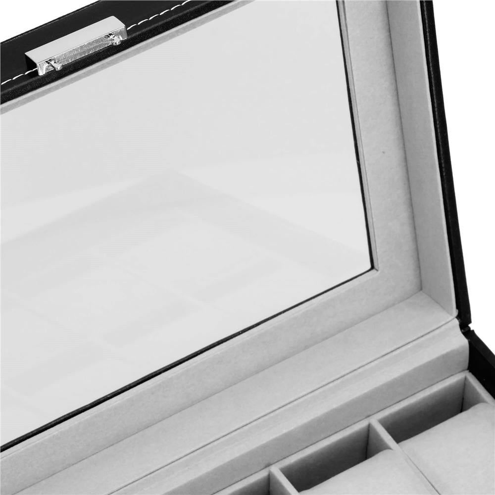 Cutie depozitare si organizare ceasuri si alte accesorii, MDF, piele ecologica, 30x20x13cm, negru