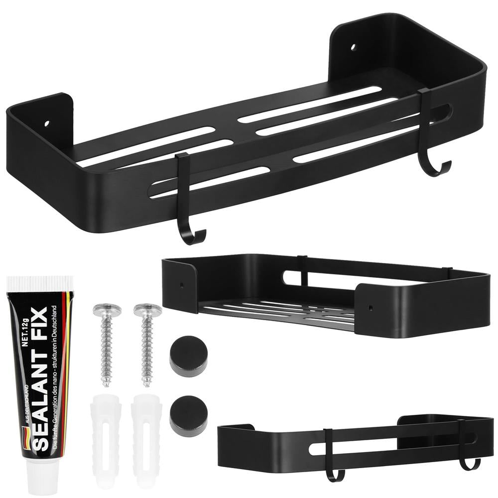 Raft de baie cu 2 agatatori, 2 sisteme instalare pe perete, aluminiu, 32x12x4cm, negru