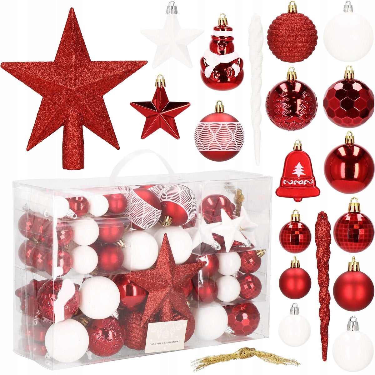 Set globuri si decoratiuni de Craciun, 105 piese, diverse dimensiuni, alb rosu