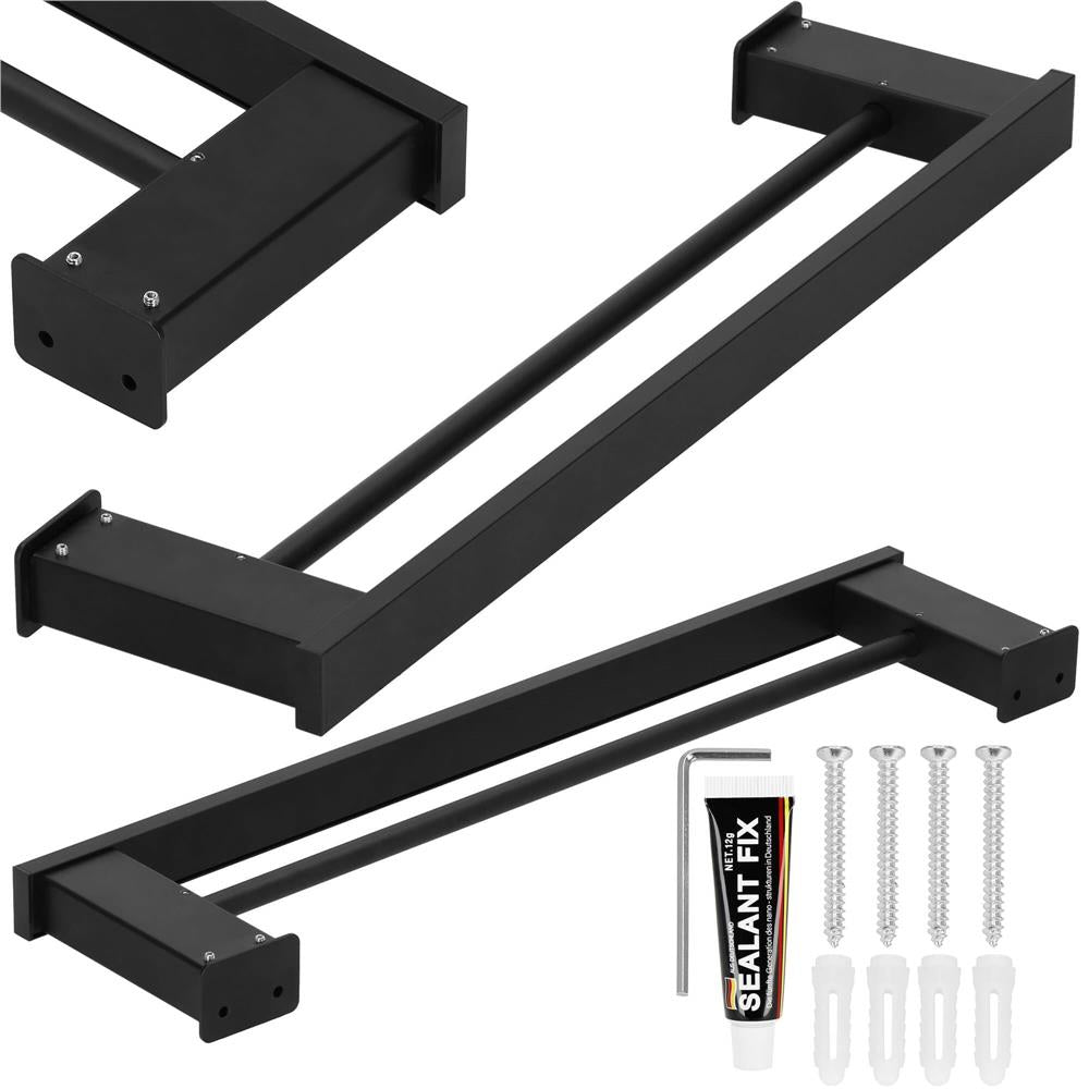 Suport prosoape pentru baie cu 2 sisteme de instalare, 2 brate, din aluminiu, 50x12cm, negru