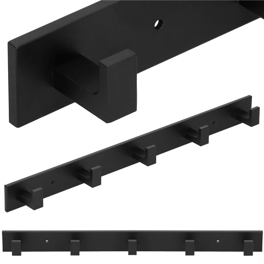 Cuier de baie pentru prosoape cu 2 sisteme instalare, aluminiu, 5 agatatori, 45x4cm, negru