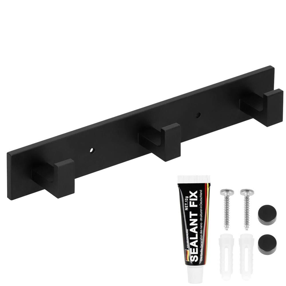 Cuier de baie pentru prosoape cu 2 sisteme instalare, aluminiu, 3 agatatori, 25x4cm, negru