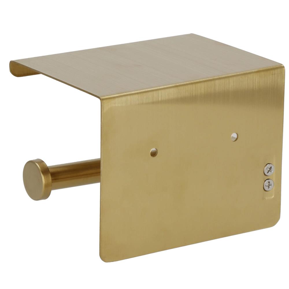 Suport hartie igienica din otel cu raft depozitare, sistem montare inclus, 13.5cm, auriu perlat