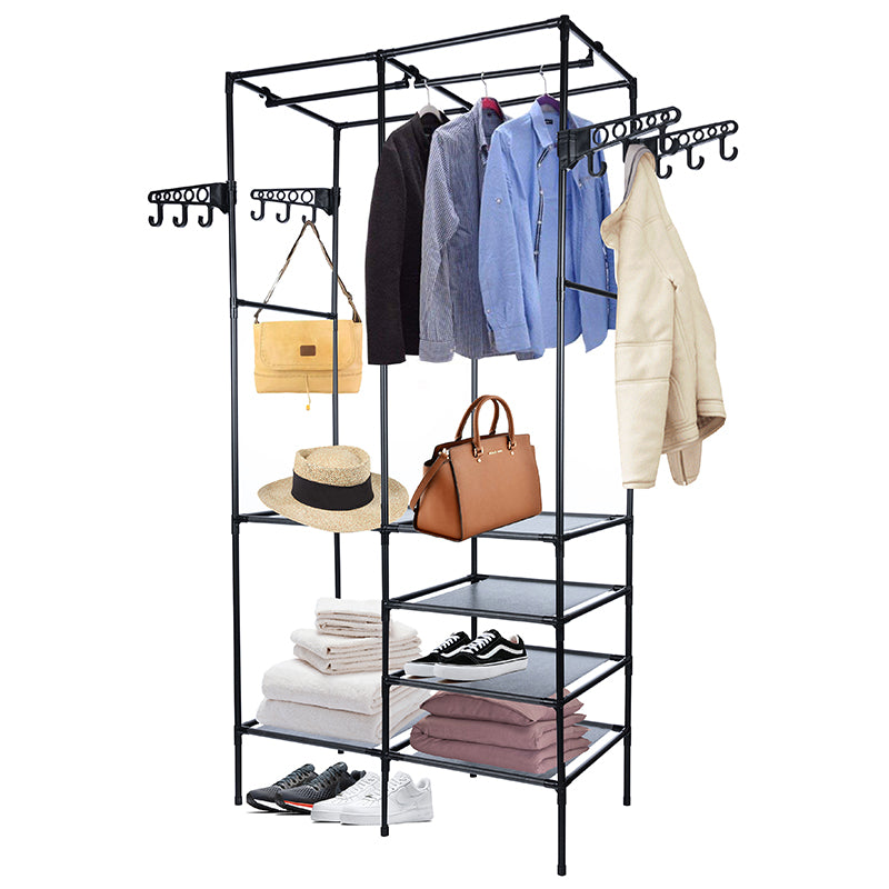 Stand de haine cu polite si tije pentru agatarea umeraselor, 85x44x174cm, negru