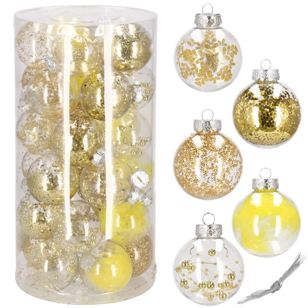 Set globuri de Craciun Inedit, 30 bucati, 7cm, transparente si auriu