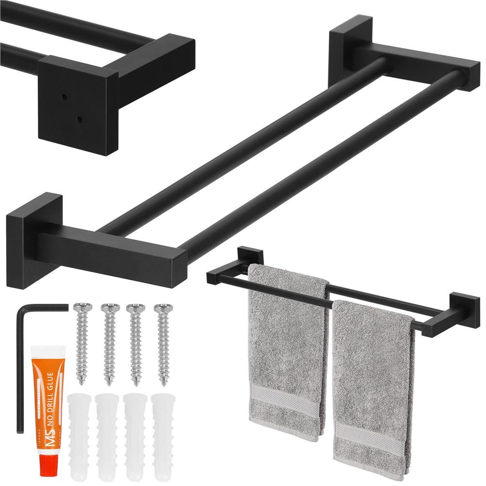 Suport prosoape pentru baie cu 2 sisteme de instalare, 2 brate, din aluminiu, 50x11cm, negru
