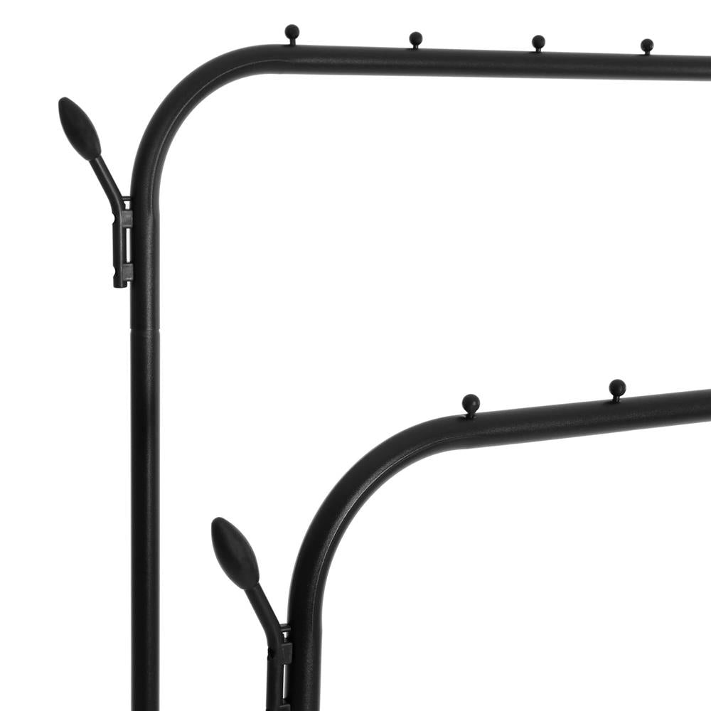 Suport pentru haine cu cadru metalic, cu sina dubla de agatat si carlige cuier, 55x110x146cm, negru