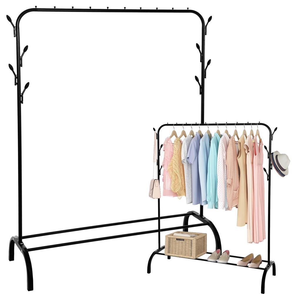 Suport pentru haine cu cadru metalic, cu sina de agatat si carlige cuier, 40x110x146cm, negru