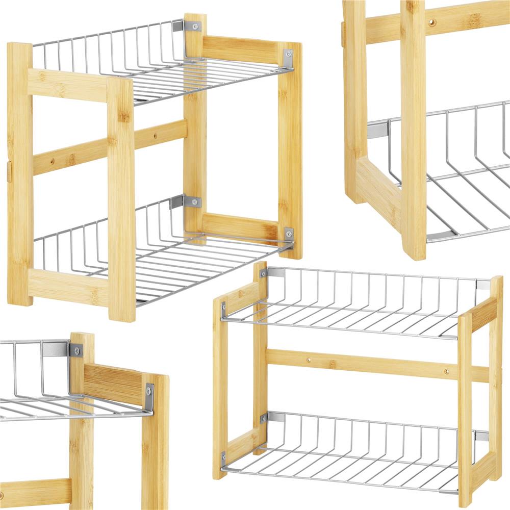 Suport organizator multifunctional cu 2 etaje, bambus si metal, 33x14x25cm