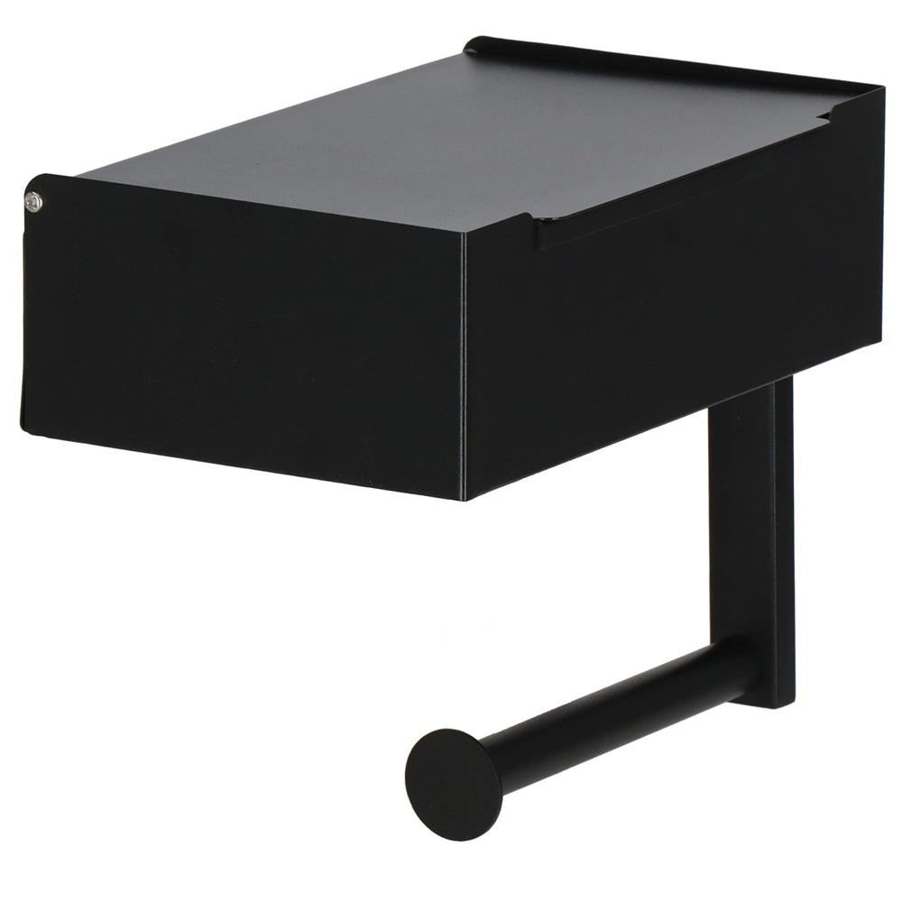 Suport hartie igienica din otel cu sertar depozitare, sistem montare inclus, 22cm, negru bej