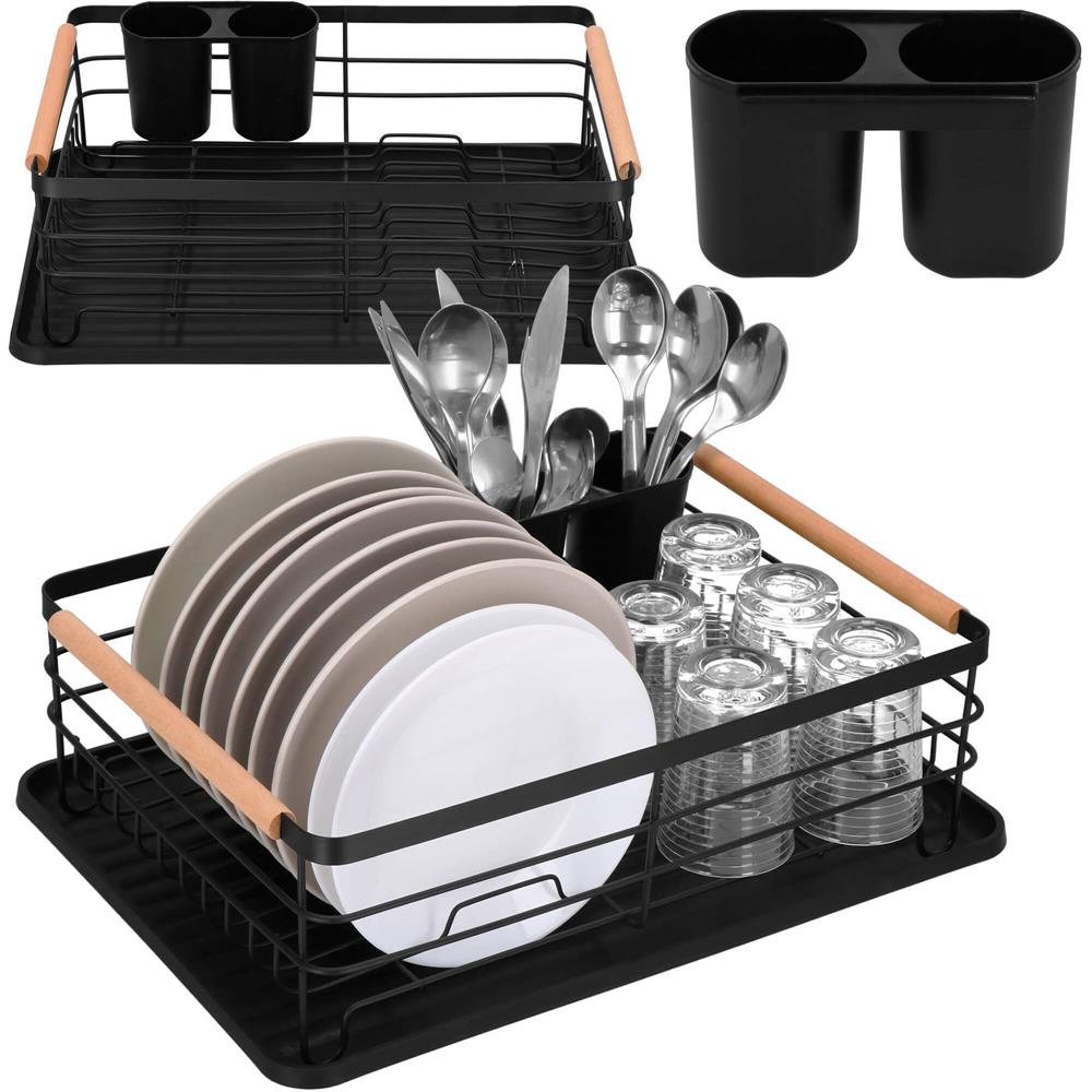 Uscator de vase cu suport tacamuri, din otel, cu tava de scurgere, manere lemn, 42x32x15cm, negru