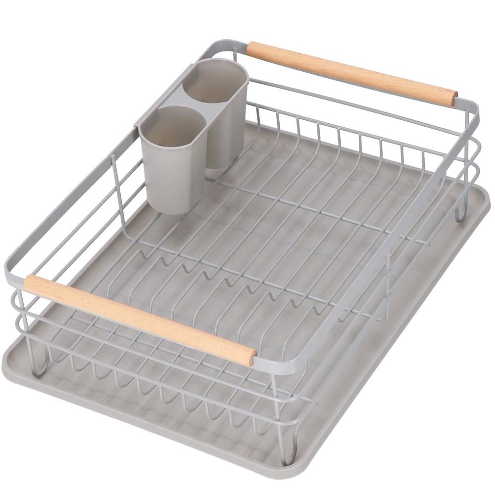 Uscator de vase cu suport tacamuri, din otel, cu tava de scurgere, manere lemn, 42x32x15cm, gri