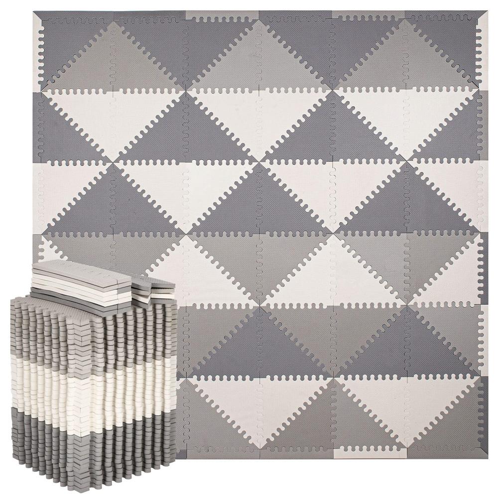 Covor din spuma pentru copii, tip puzzle triunghiuri, 96 piese,186×186 cm, alb gri