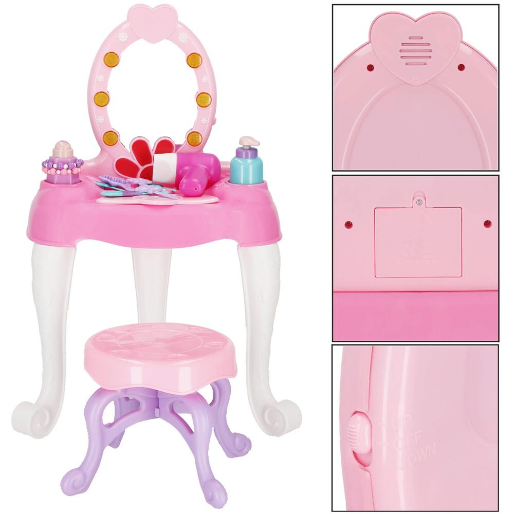 Masa toaleta pentru copii, cu taburet, 19 accesorii joaca, din plastic, 37x20x60 cm, roz