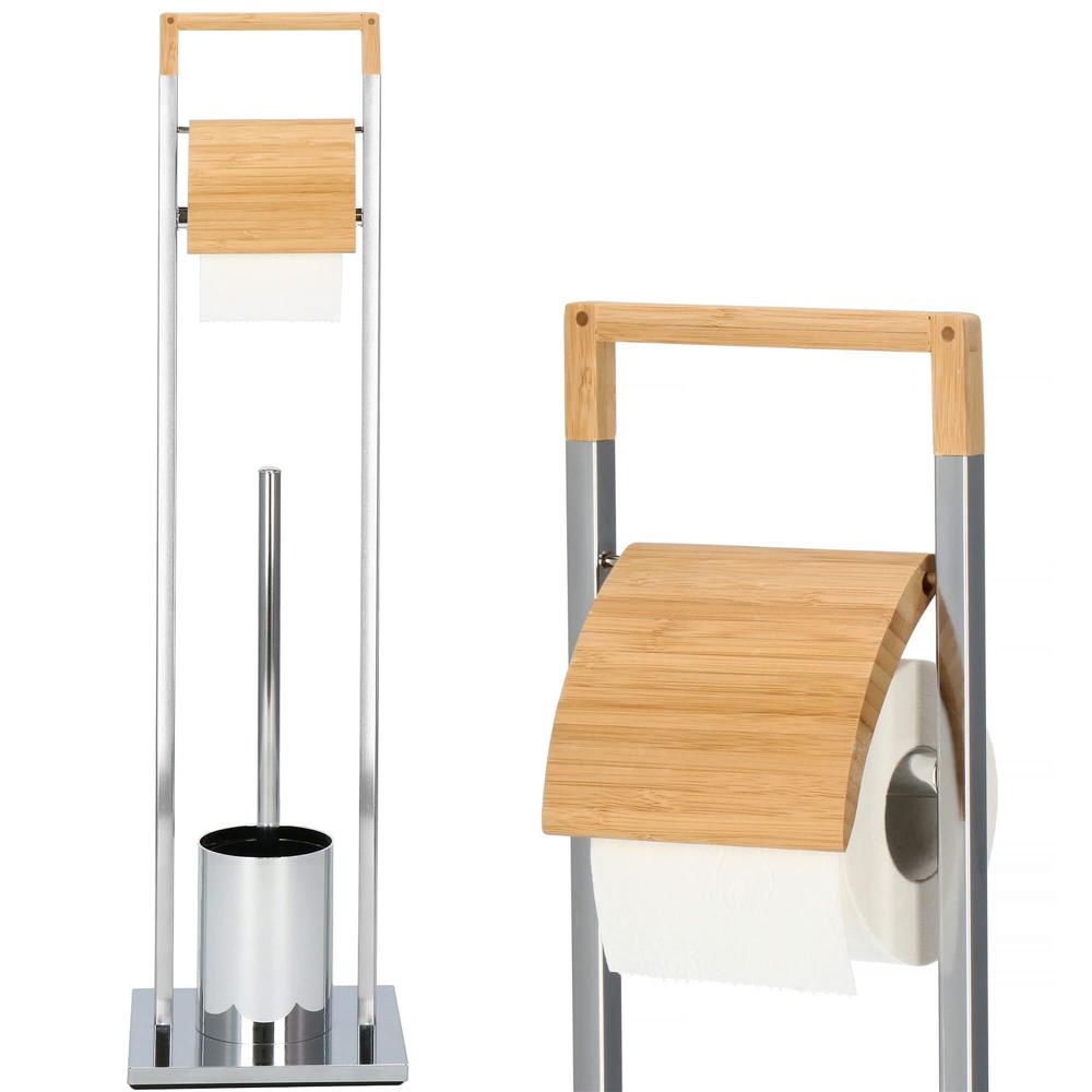 Stand cu perie WC si suport hartie igienica, inox si bambus, 75cm, argintiu
