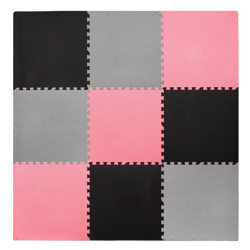 Covor din spuma pentru copii, tip puzzle forme, 27 piese, termoizolant, 179×179 cm, gri roz