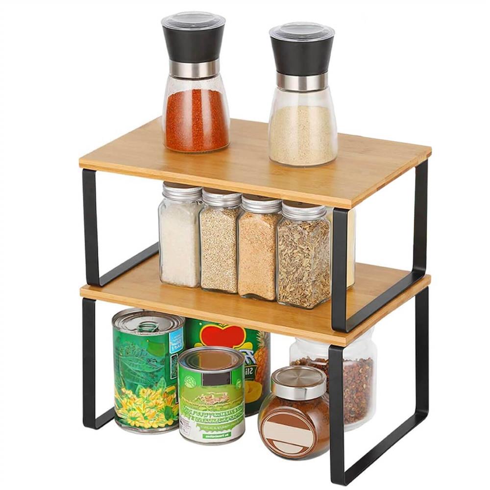 Set 2 rafturi de bucatarie suprapozabile, pentru ustensile sau condimente, 20x34x16cm, natur si negru