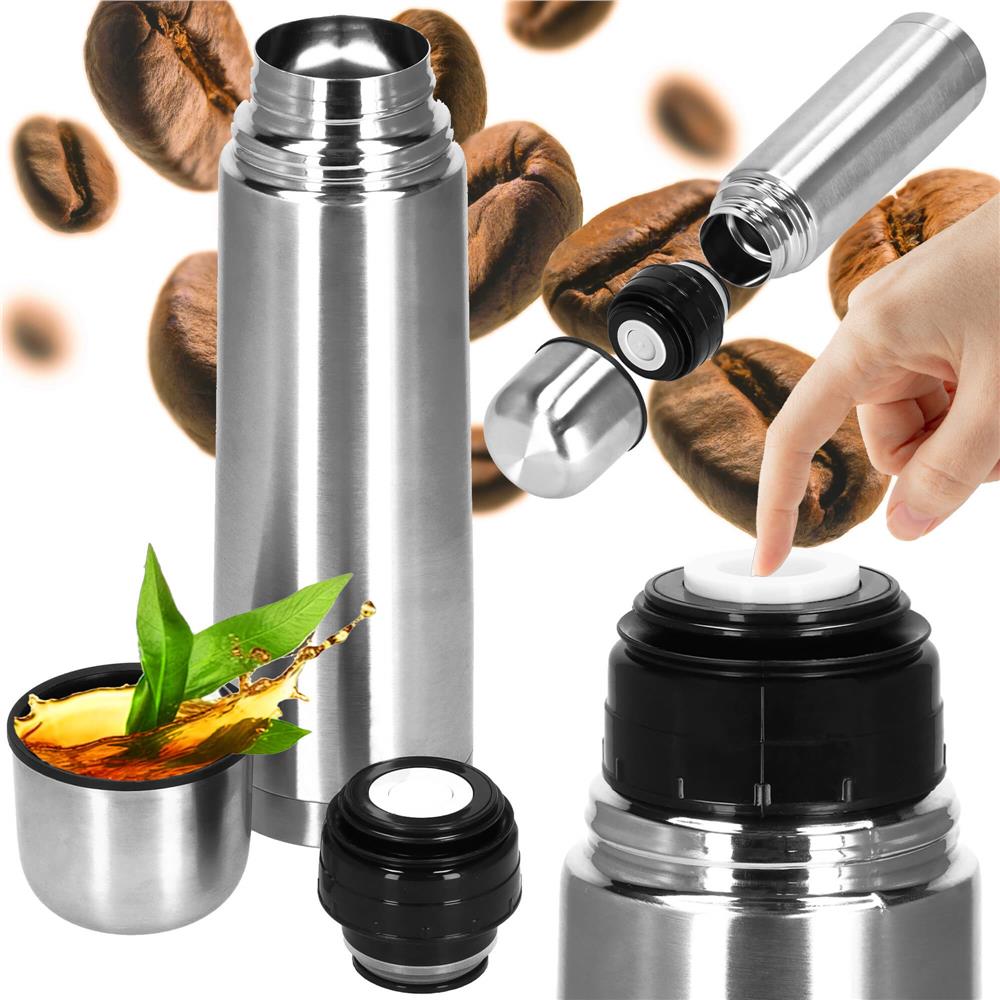 Cana termos cu pahar, perete din inox dublu izolat, 500ml, 24cm, argintiu
