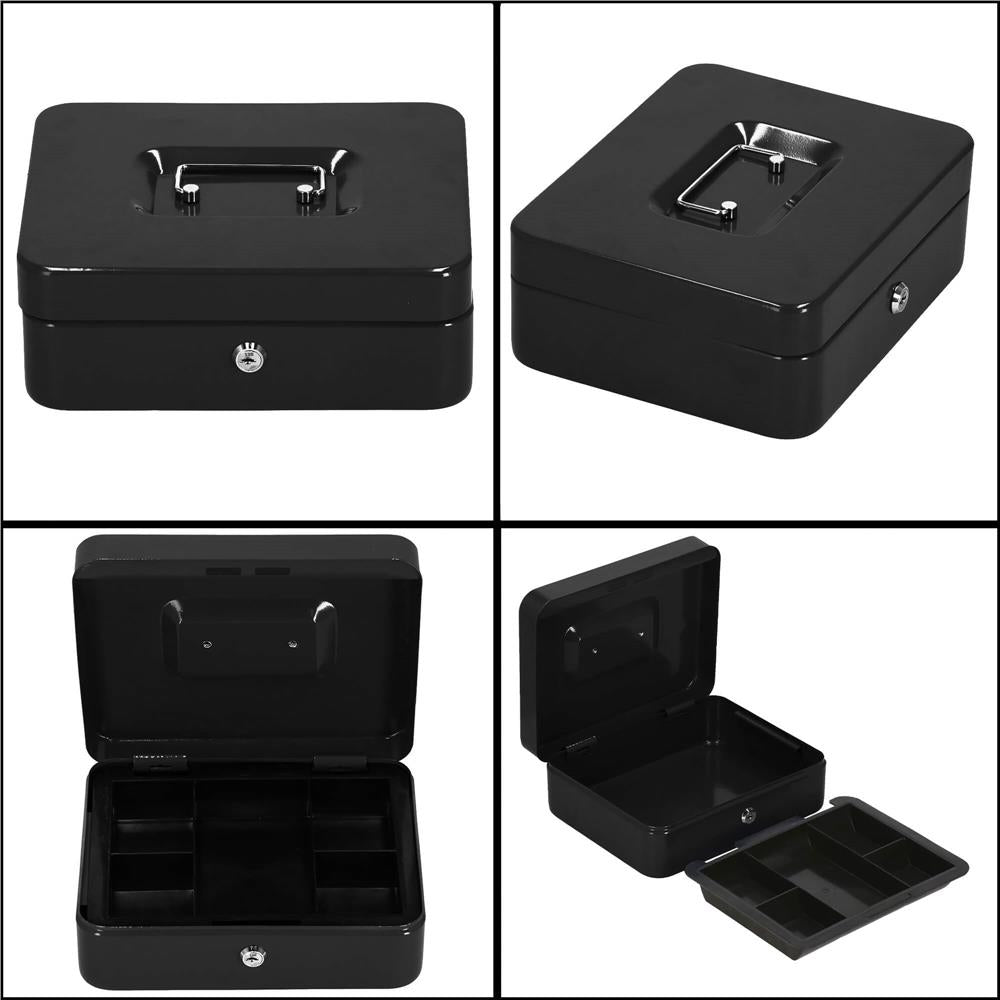 Caseta pentru bani tip cutie de valori, compartimentanta, cu cheie, metal, 30x24x9cm, negru