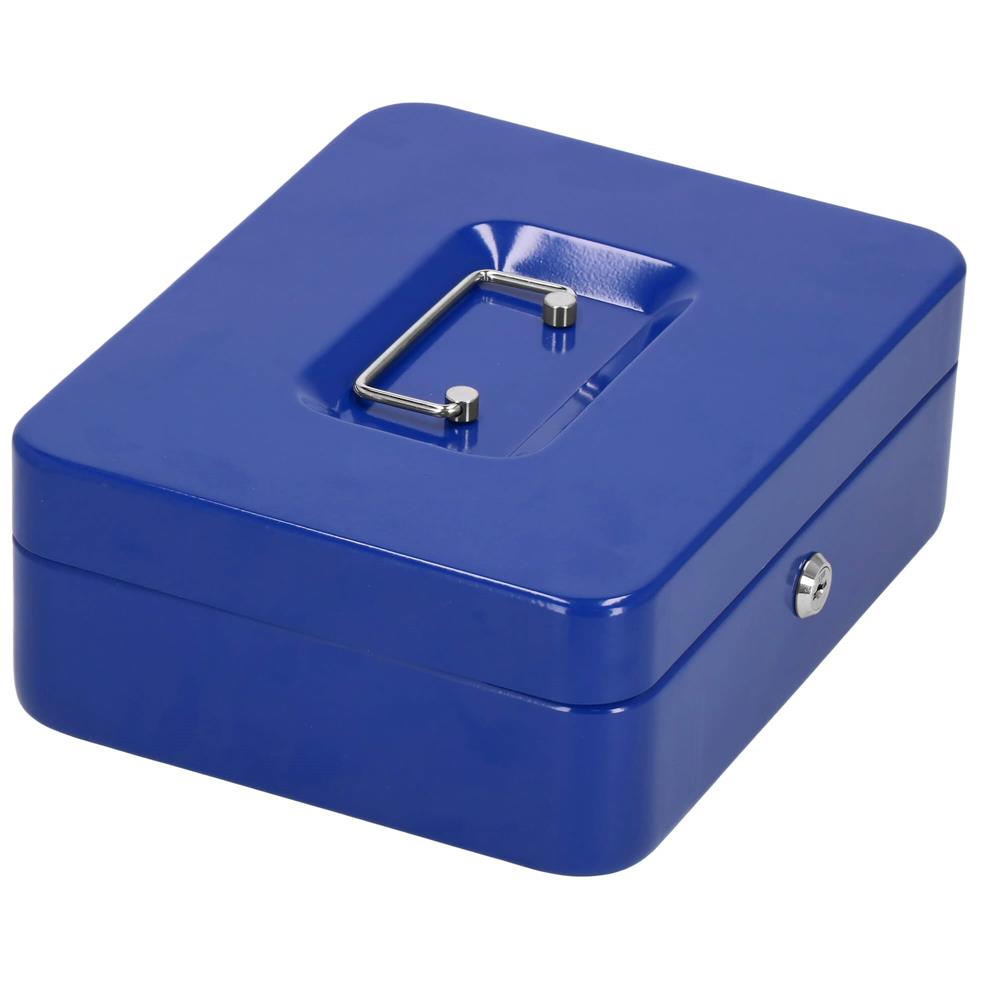 Caseta pentru bani tip cutie de valori, compartimentanta, cu cheie, metal, 20x16x9cm, albastru
