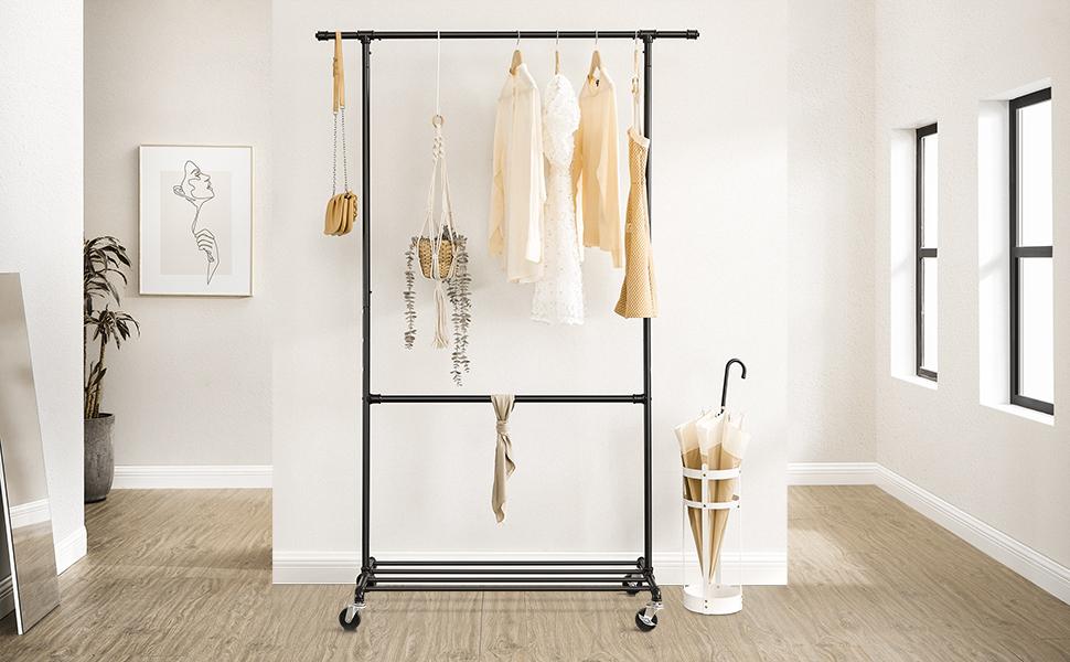 Suport pentru haine, cu raft si 2 sine de agatat, cadru metalic, cu roti, 130x49x198cm, industrial, negru