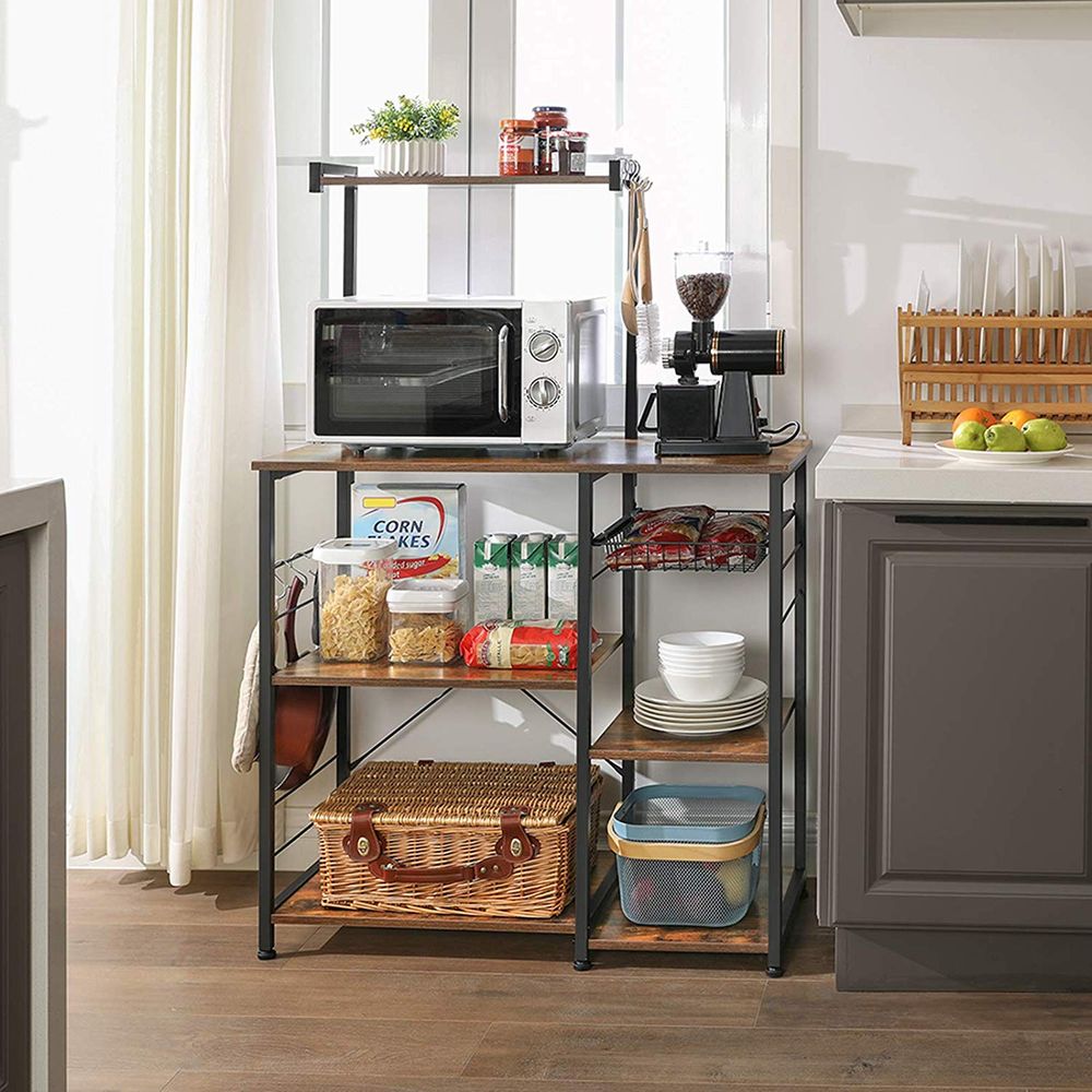 VASAGLE Raft de bucatarie, suport pentru cuptorul cu microunde, cos de sarma, 6 carlige S, 39x90x132cm, maro rustic