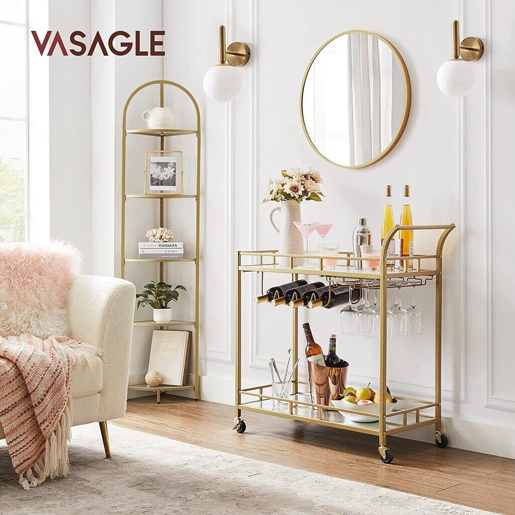 VASAGLE Carucior de servire pentru vin, suport sticle si pahare, cu 2 rafturi din sticla, 38x86x90cm, auriu